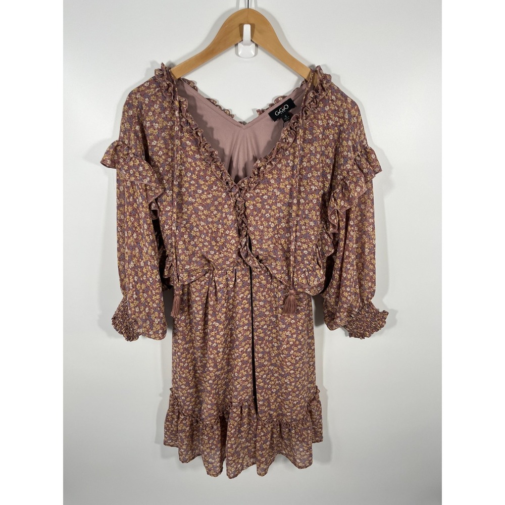 Boho Chic Peasant Womens Dress S Brown Floral Ruffle Modest Church Wedding Guest